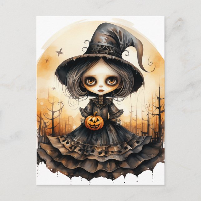 Postal Adorable muñeca de bruja de Halloween (Anverso)