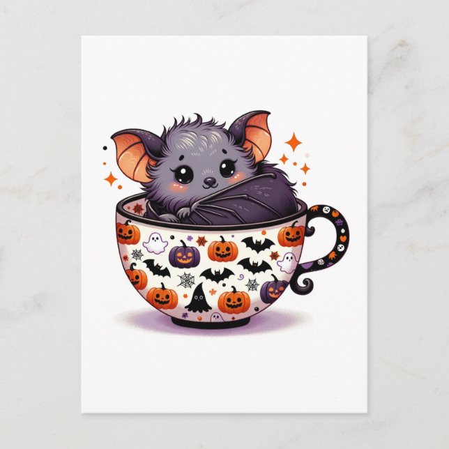 Postal Adorable murciélago en una taza de té de Halloween (Anverso)