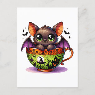 Postal Adorable murciélago en una taza de té de Halloween