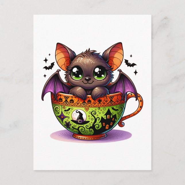Postal Adorable murciélago en una taza de té de Halloween (Anverso)