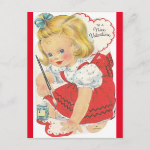 Postal Adorable Niña Pintando San Valentín