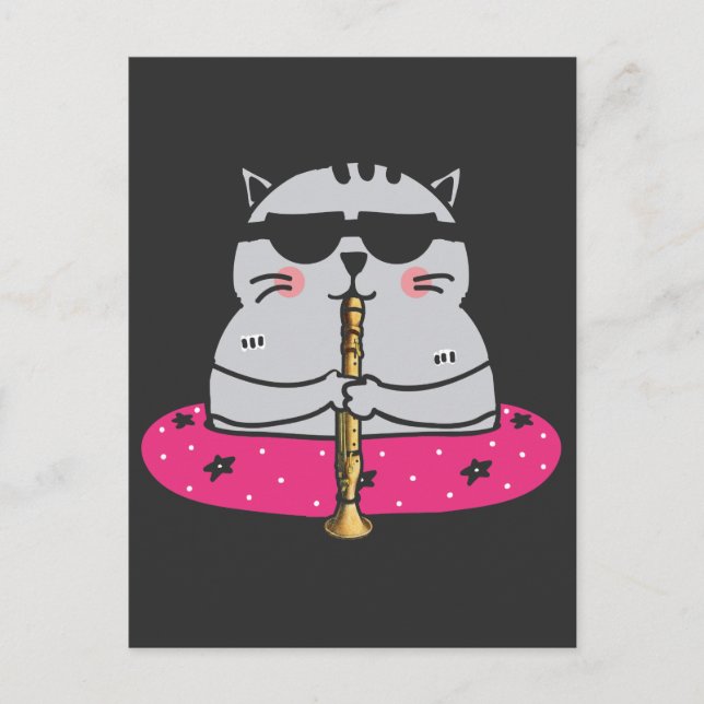Postal Adorable Oboe Player Cat Oboist Instrumento musica (Anverso)