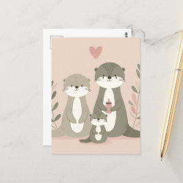 Postal Adorable Otter Boho Mom Dad y Baby Pink