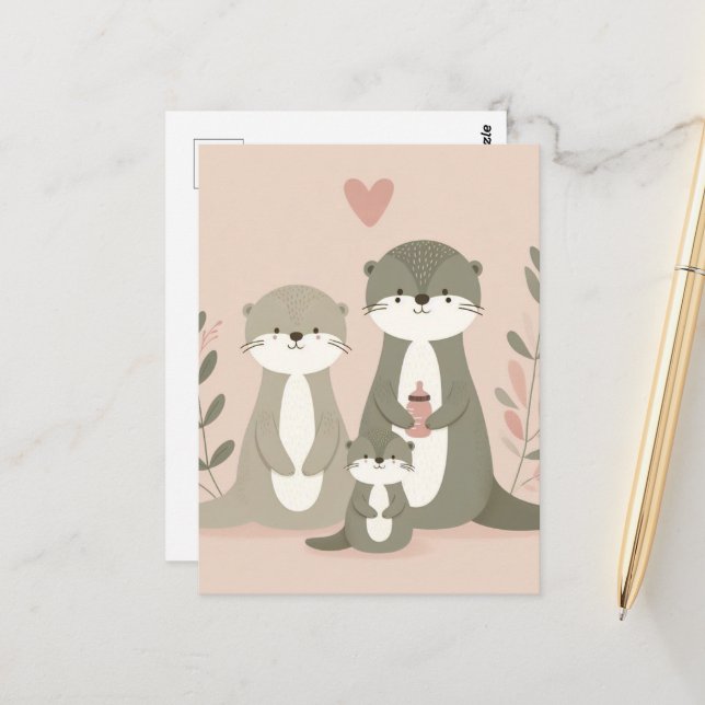 Postal Adorable Otter Boho Mom Dad y Baby Pink (Anverso/Reverso In Situ)