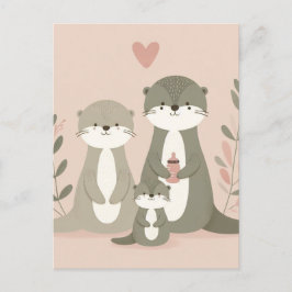 Postal Adorable Otter Boho Mom Dad y Baby Pink