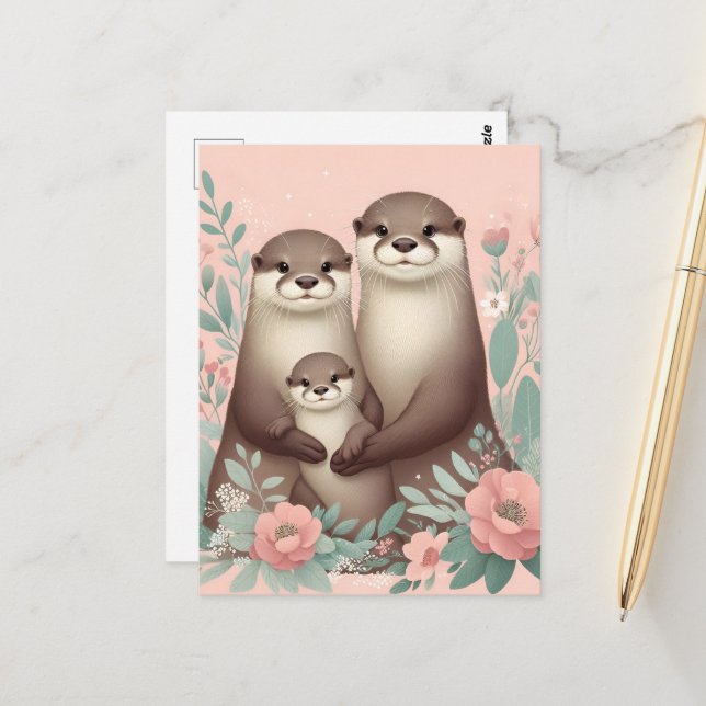 Postal Adorable Otter Boho Pink Mom Dad (Anverso/Reverso In Situ)