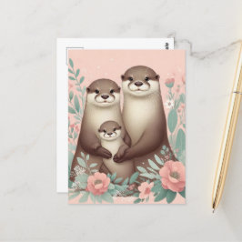 Postal Adorable Otter Boho Rosa Mamá papá y bebé