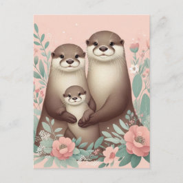 Postal Adorable Otter Boho Rosa Mamá papá y bebé