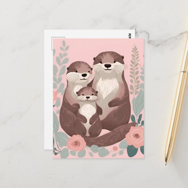 Postal Adorable Otter Family (Anverso/Reverso In Situ)