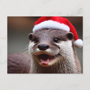 Postal Adorable Otter Santa Hat