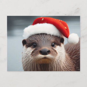 Postal Adorable Otter Santa Hat