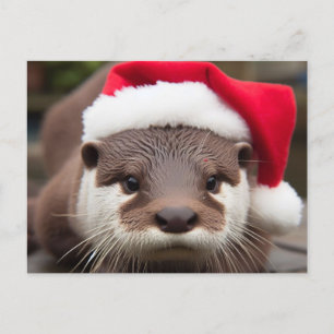 Postal Adorable Otter Santa Hat