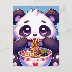 Postal Adorable Panda Bear Comer Fideos