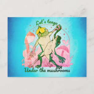Postal Adorable Pareja de Ranas con Hongos Bailando