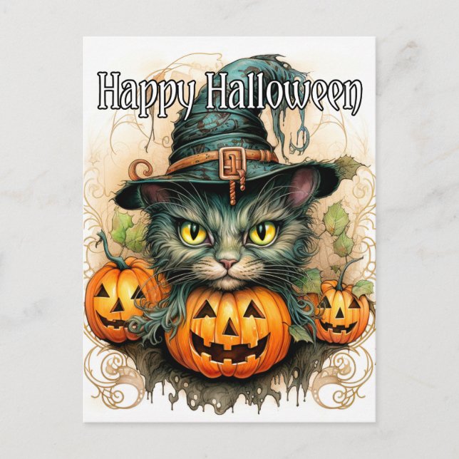 Postal Adorable Pequeña Gato Gato Bruja Feliz Halloween (Anverso)