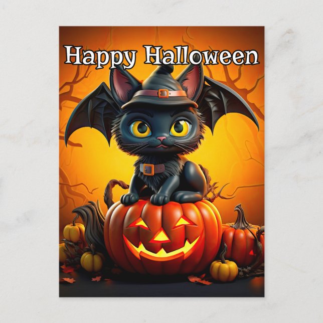 Postal Adorable pequeño gato negro gatito | Feliz Hallowe (Anverso)