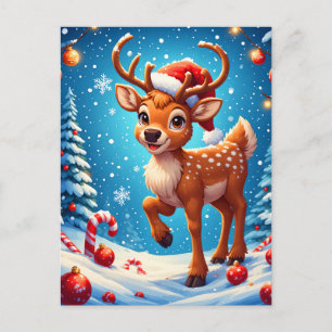 Postal Adorable pequeño reno Navideño sombrero de Santa I
