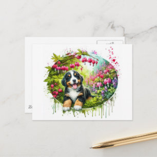 Postal Adorable Perro Boyero de Berna de primavera