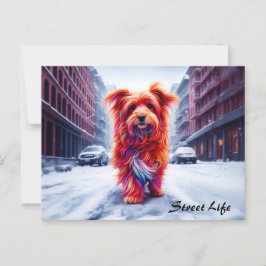 Postal Adorable perro callejero en helado paisaje de invi