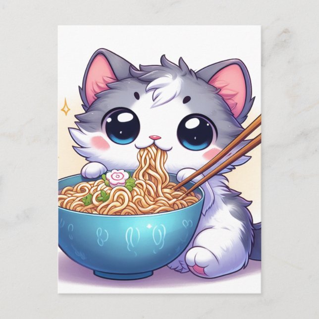 Postal Adorable Personalizado Gatito Comiendo fideos de R (Anverso)