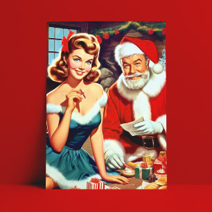 Postal Adorable Pin-up de Navidad y Papá Noel