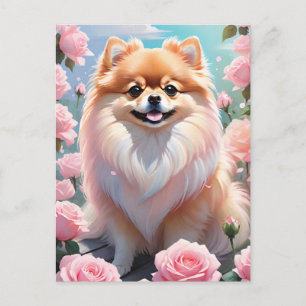 Postal Adorable Pomerania floreciendo rosas rosadas
