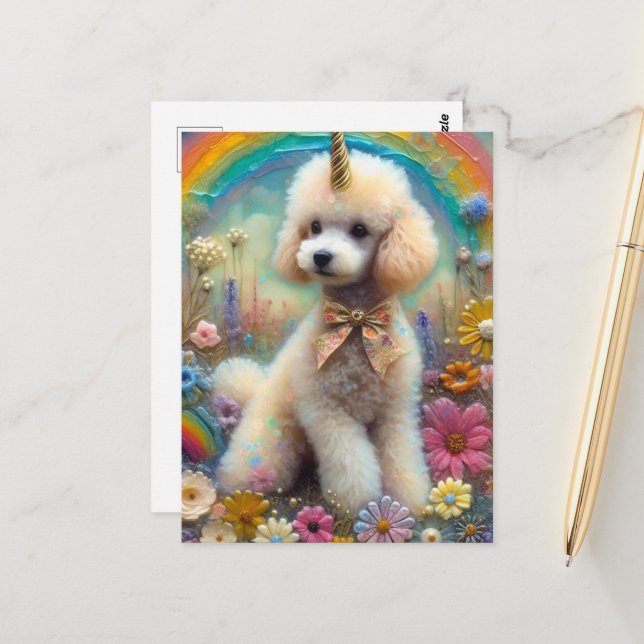Postal Adorable Poodle Gold Horn Unicorn (Anverso/Reverso In Situ)