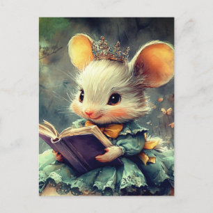 Postal Adorable princesa ratón leyendo un libro