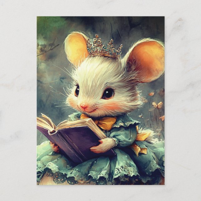 Postal Adorable princesa ratón leyendo un libro (Anverso)