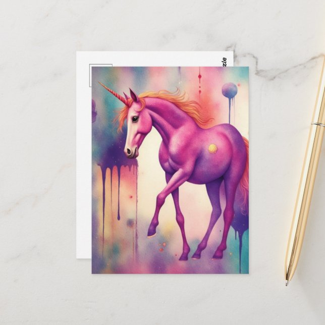 Postal Adorable Purple Unicorn Fantasy (Anverso/Reverso In Situ)