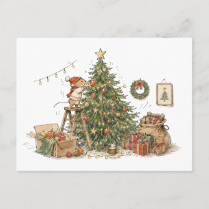 Postal Adorable ratón decorando árbol de Navidad para Lo