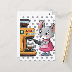 Postal Adorable Ratón Gris Haciendo Café