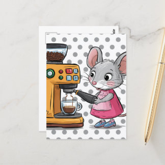 Postal Adorable Ratón Gris Haciendo Café