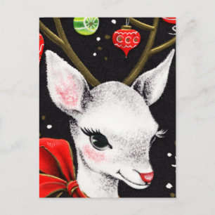Postal Adorable Reno Blanco con Gran Lazo Rojo