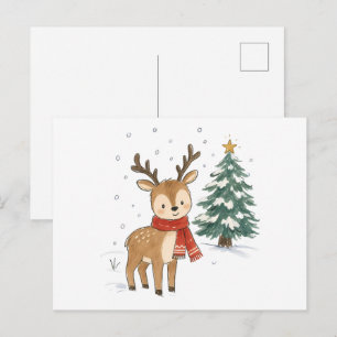 Postal Adorable Reno de Navidad con Bufanda Roja