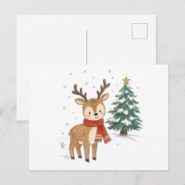 Postal Adorable Reno de Navidad con Bufanda Roja (Anverso / Reverso)