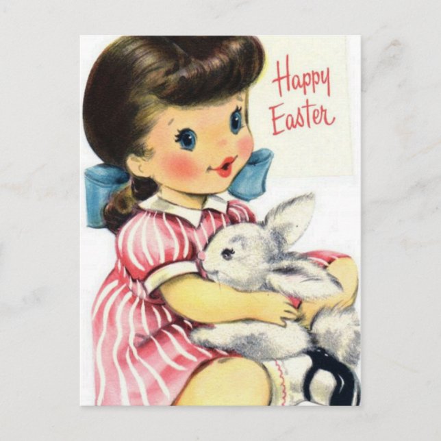 Postal Adorable retro feliz Chica de Pascua y conejo (Anverso)