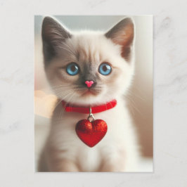 Postal Adorable San Valentín gatito con corazón en cuello
