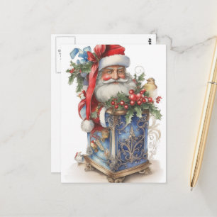 Postal Adorable Santa vintage y caja azul