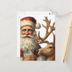 Postal Adorable Santa y Reno vintage