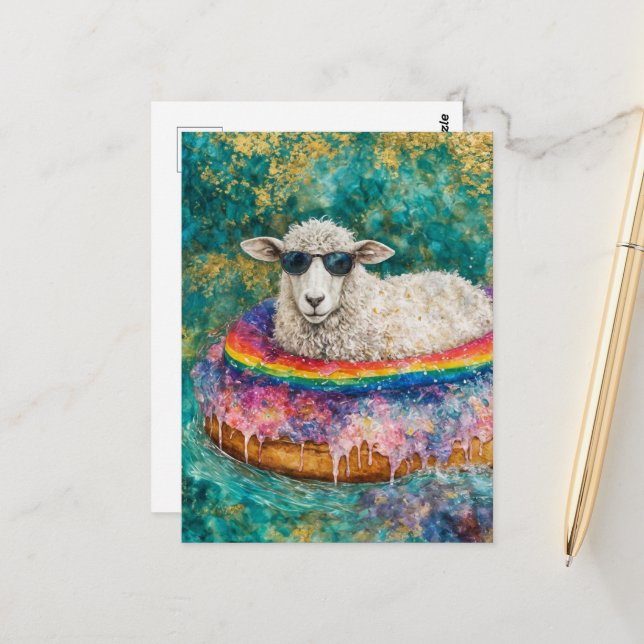 Postal Adorable Sheep on a Float Trip (Anverso/Reverso In Situ)