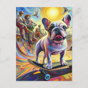 Postal Adorable Skateboarding de Bulldog Surreal en Franc
