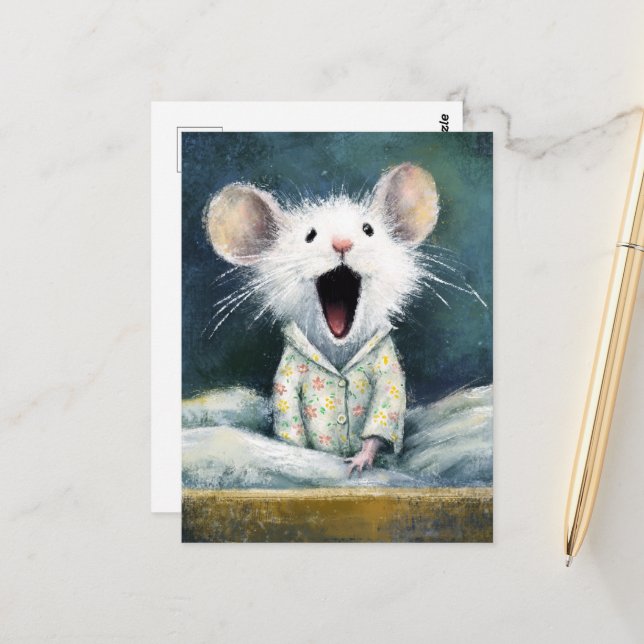 Postal Adorable Sleepy White Mouse in PJs  (Anverso/Reverso In Situ)