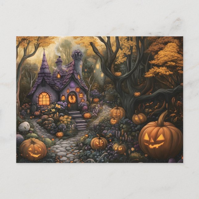 Postal Adorable Spooky House y parche de calabaza de Hall (Anverso)
