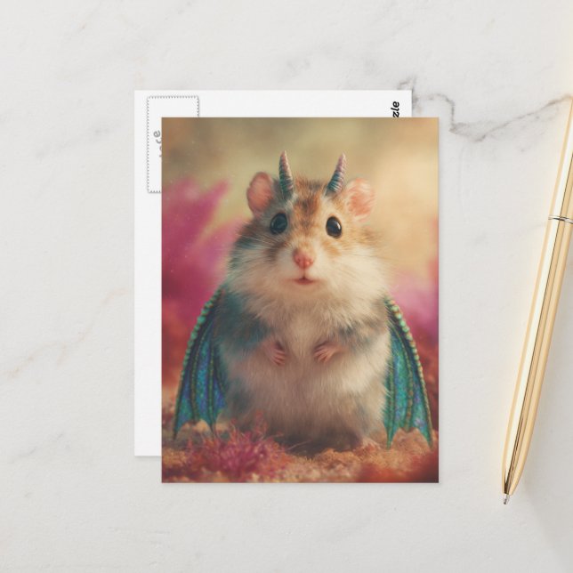 Postal Adorable Sweet Hamster Dragon with Horns (Anverso/Reverso In Situ)