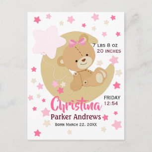 Postal Adorable Teddy Bear Baby Girl Estadísticas de nac
