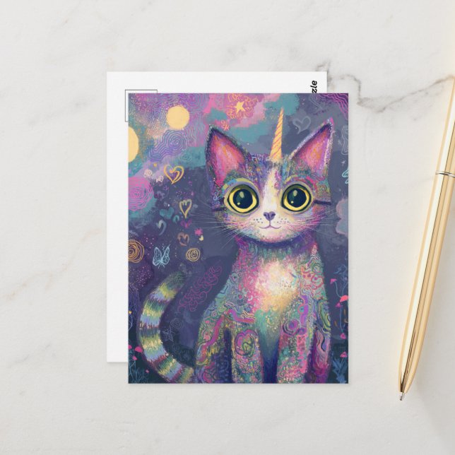Postal Adorable Unicorn Kitty Fantasy Art (Anverso/Reverso In Situ)