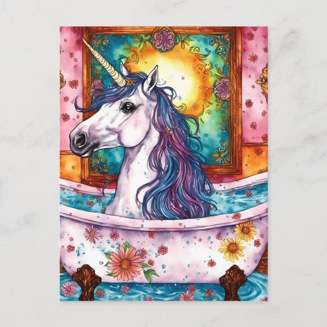 Postal Adorable unicornio azul y morado en el baño (Anverso)