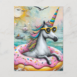 Postal Adorable unicornio flotando en un castaño glaseado