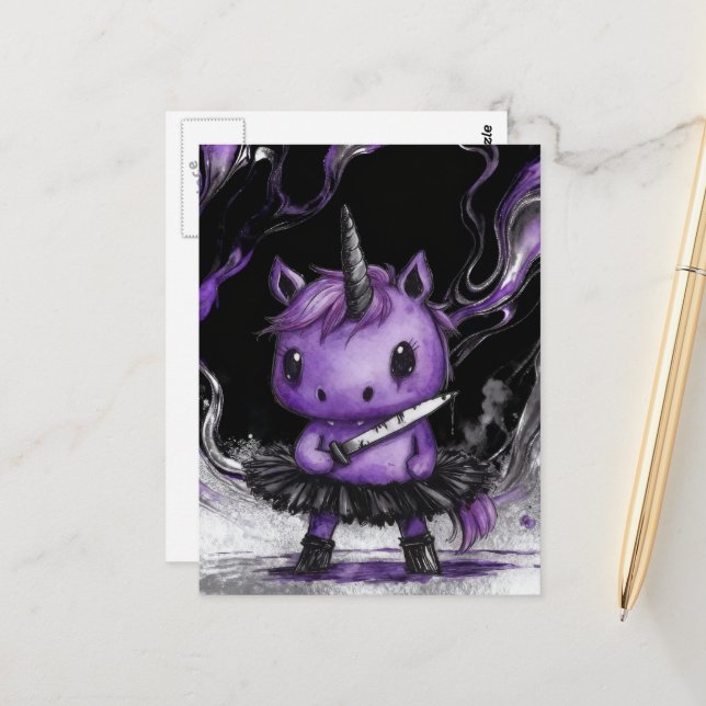 Postal Adorable Unicornio Morado con Tutú y Cuchillo (Anverso/Reverso In Situ)